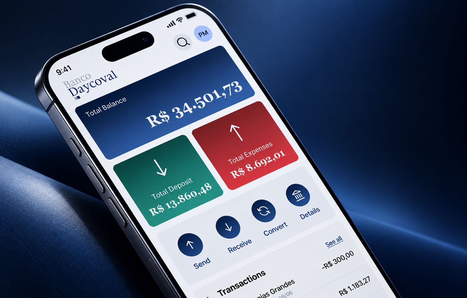 Banco Daycoval mobile banking app shown on a tilted smartphone against a deep blue background