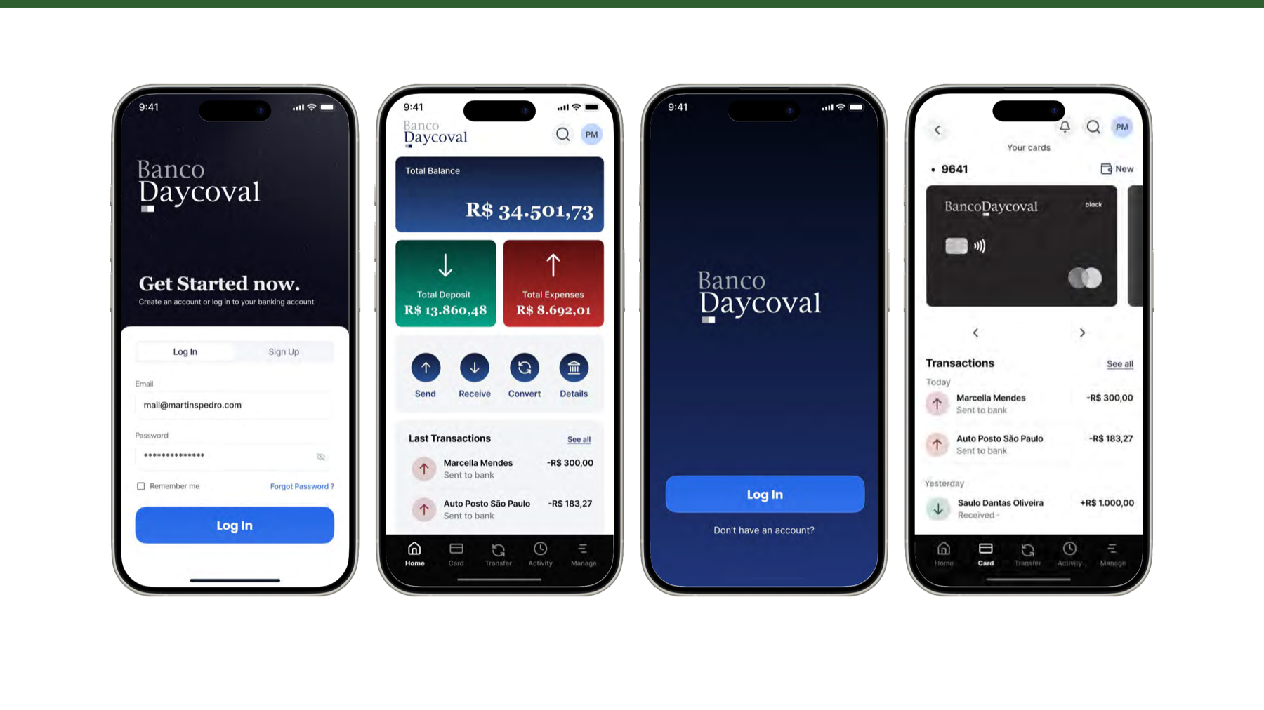 Banco Daycoval mobile banking interface screens