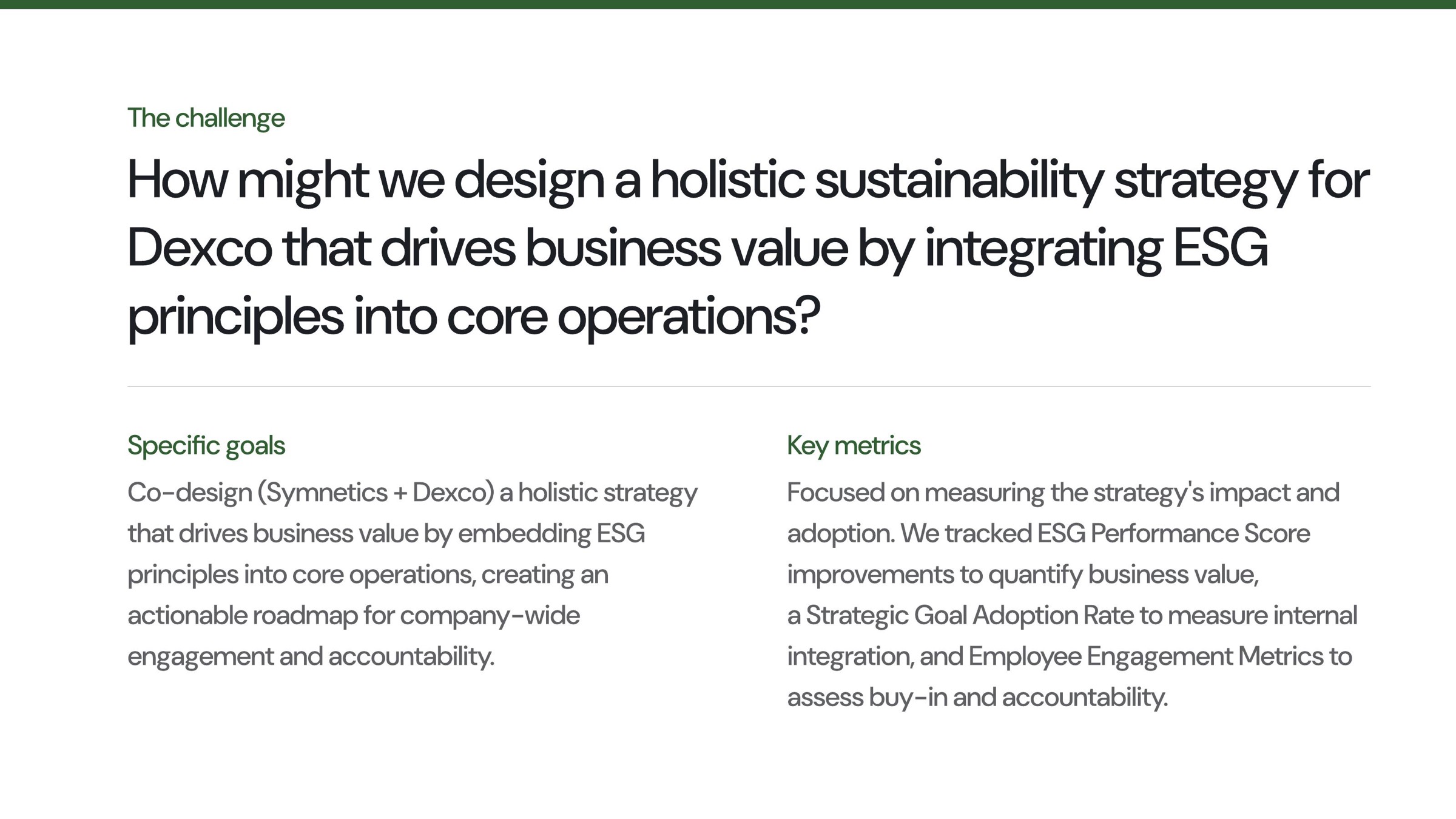 Dexco sustainability strategy challenge, goals and success measures