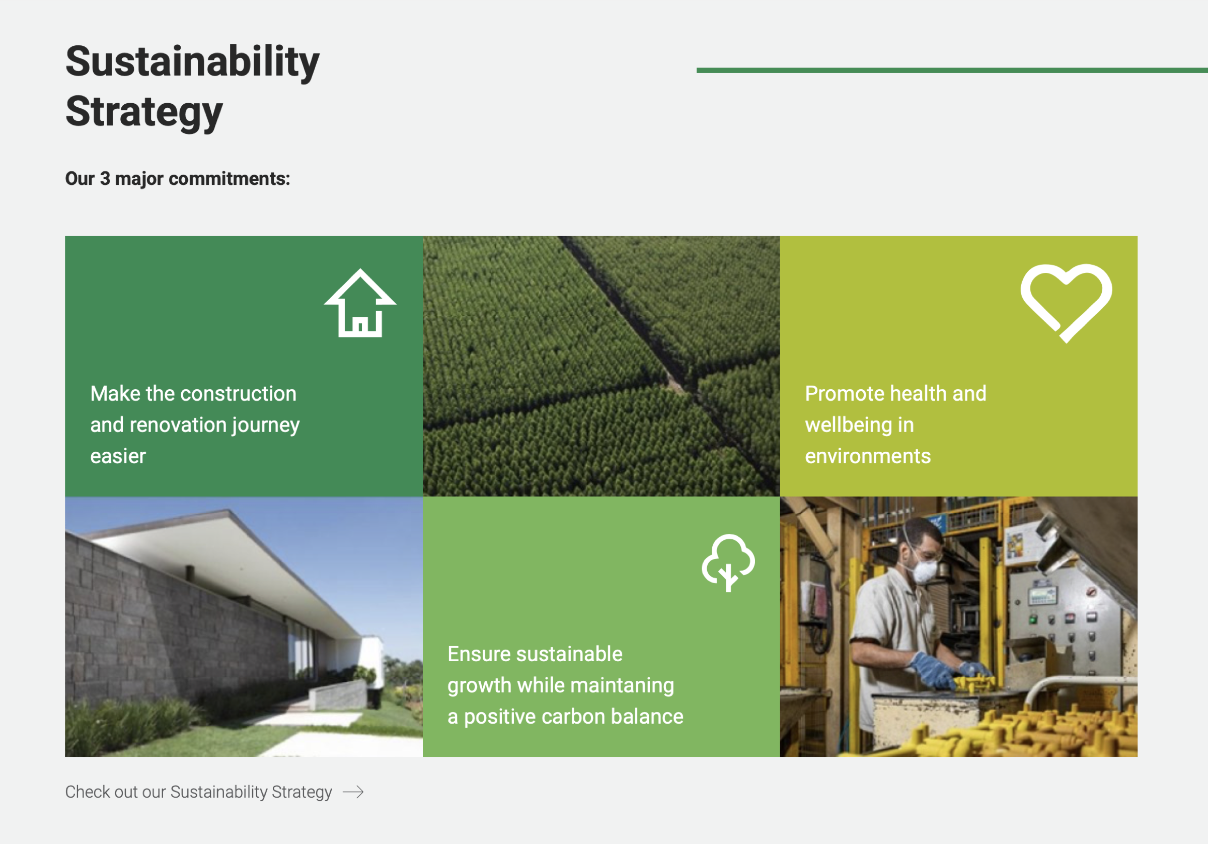 Dexco sustainability strategy showing three major commitments across construction, wellbeing and positive carbon balance