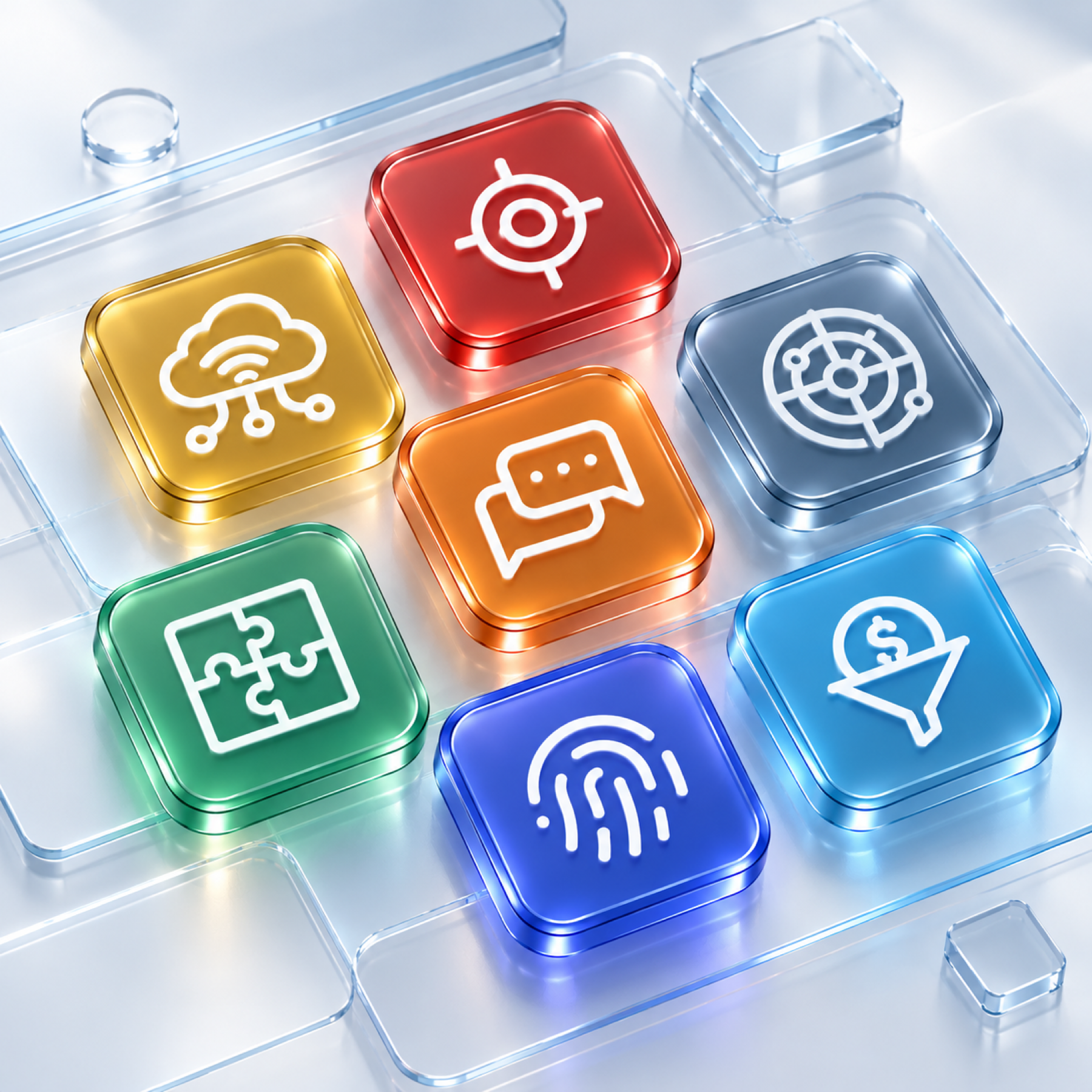 Glossy glass icons arranged as the Iungo product identity system