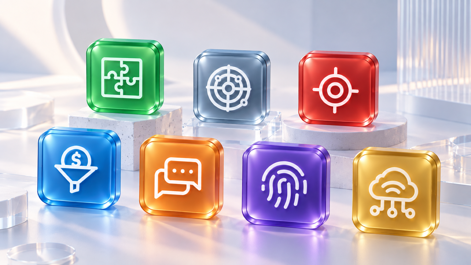 Glossy glass icons representing the Iungo AI Suite product ecosystem