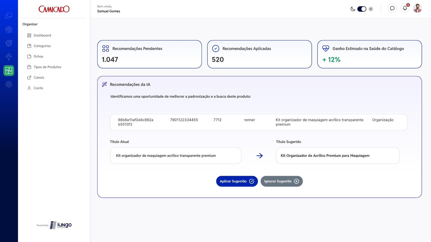 Iungo Organizer AI recommendations interface
