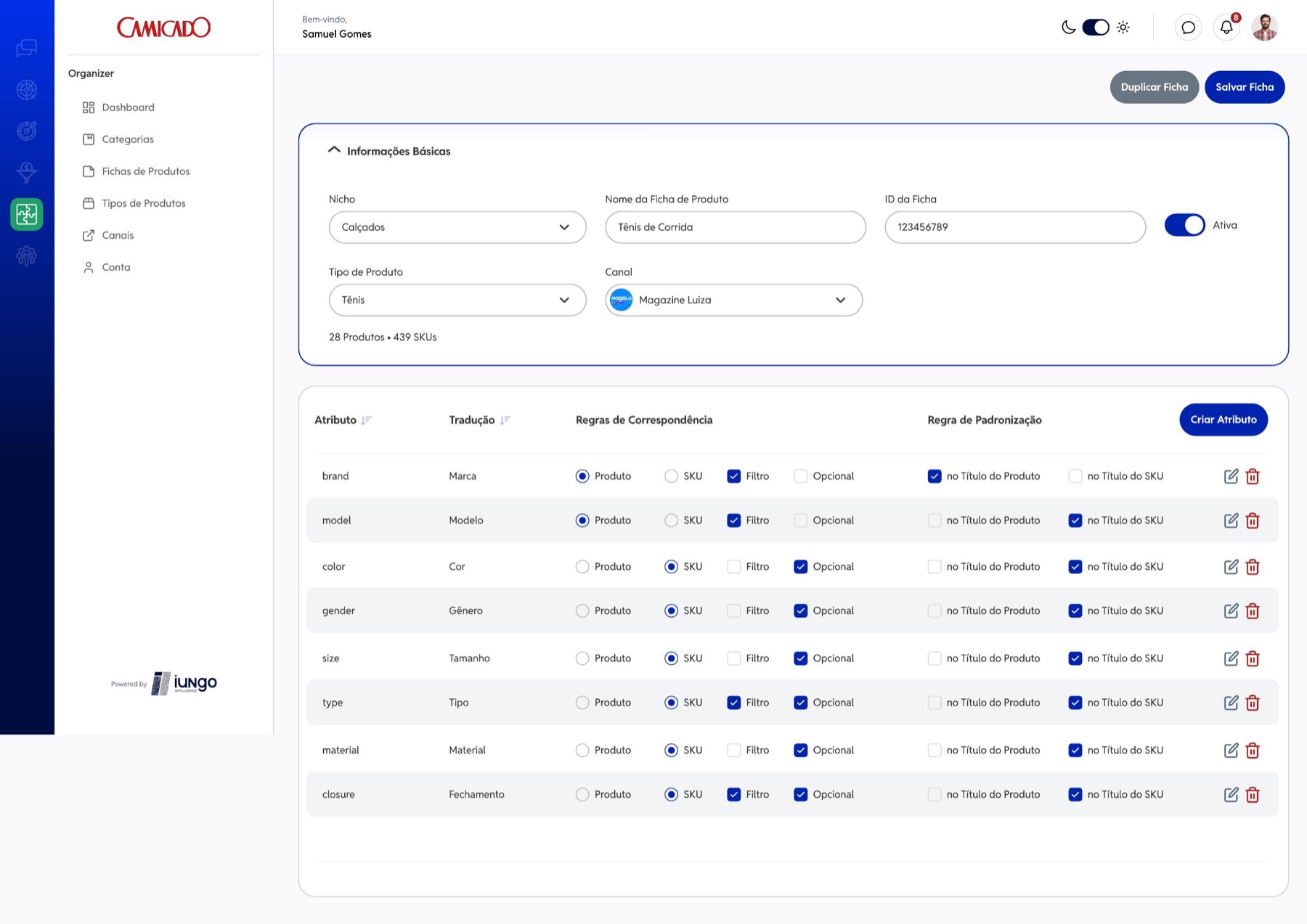Iungo Organizer product sheet with attributes, rules and mapping