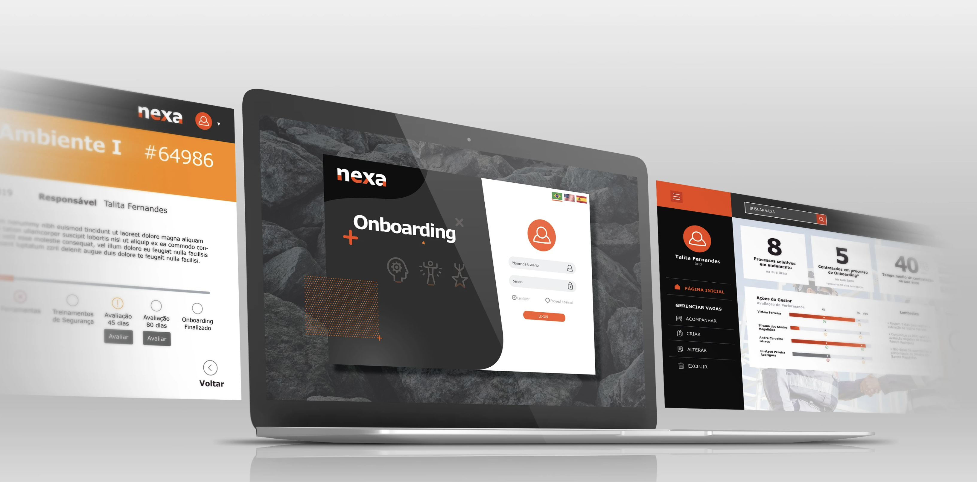 Nexa Resources employee onboarding experience shown across laptop screens and operational dashboards