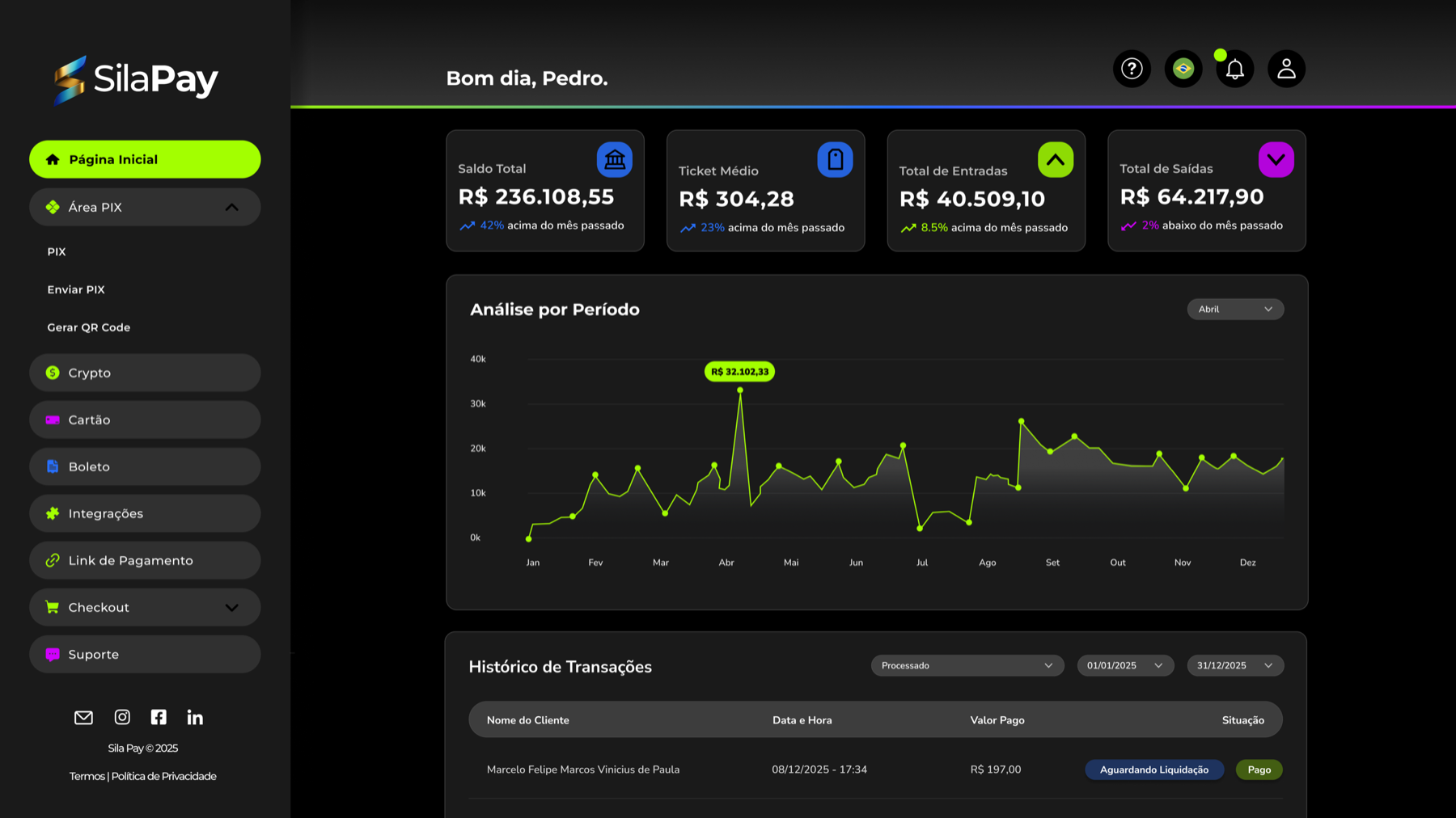Sila Pay desktop dashboard with payment balance, transaction analytics and history