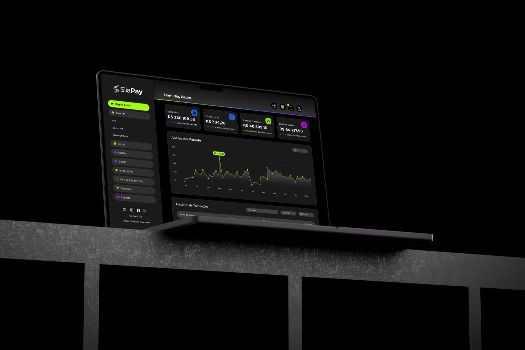 Sila Pay laptop dashboard shown in an editorial product mockup