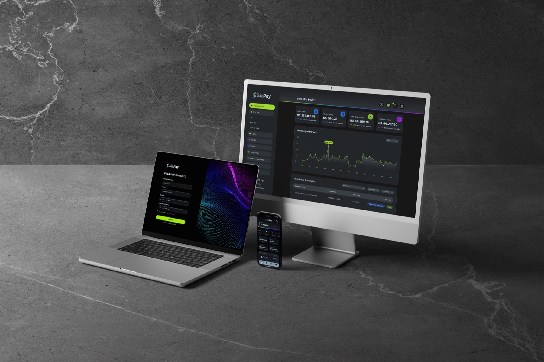Sila Pay payment experiences shown across desktop, laptop and mobile devices
