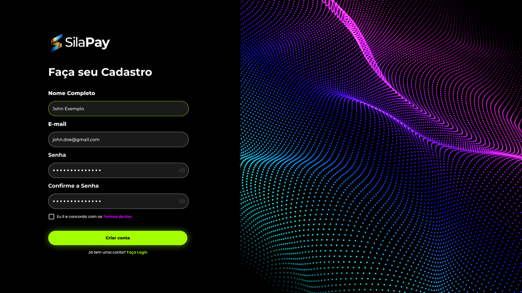 Sila Pay account creation screen with generative gradient visual