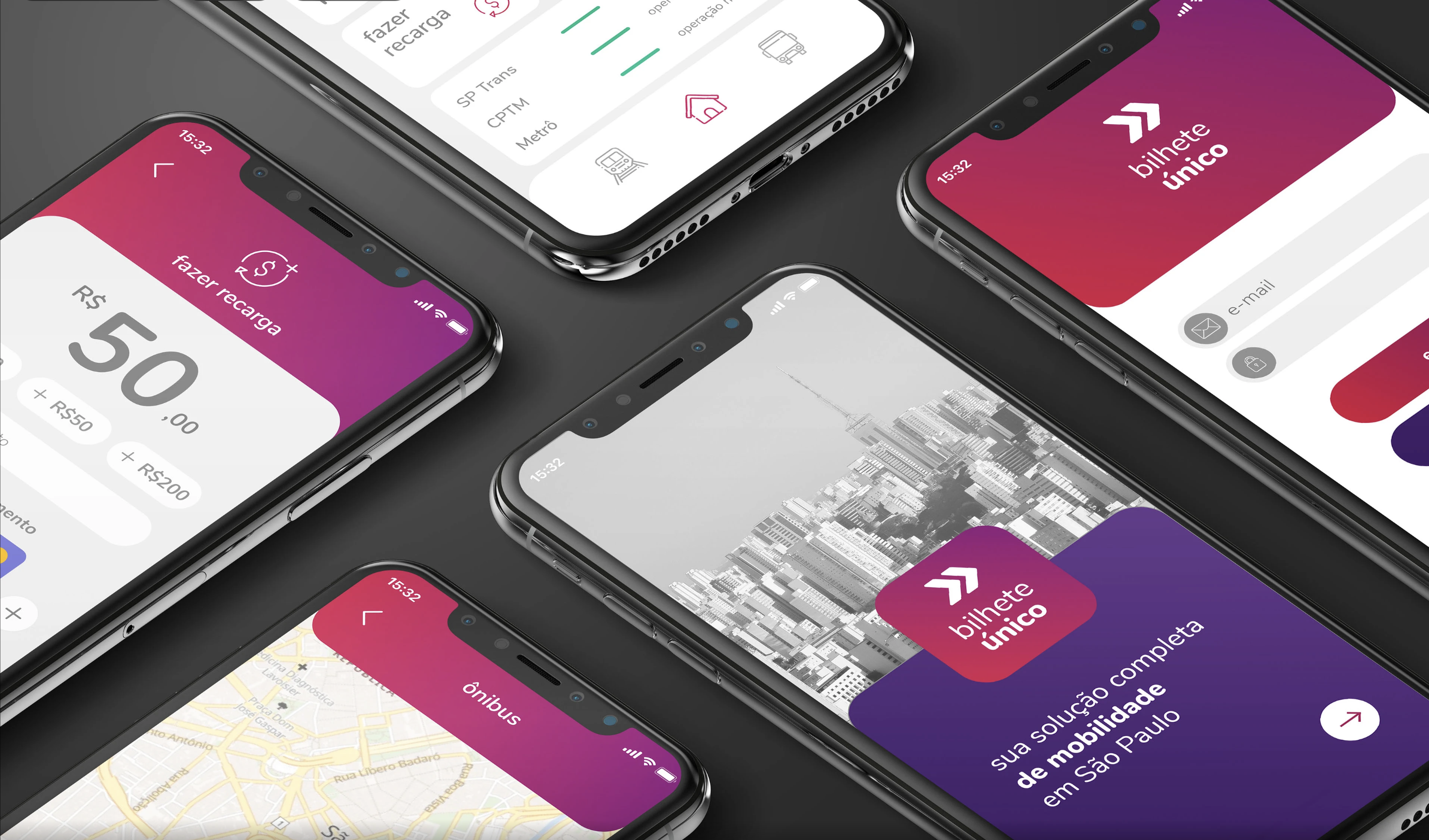 SPTrans mobility experience shown across multiple mobile screens for Bilhete Único and São Paulo public transport