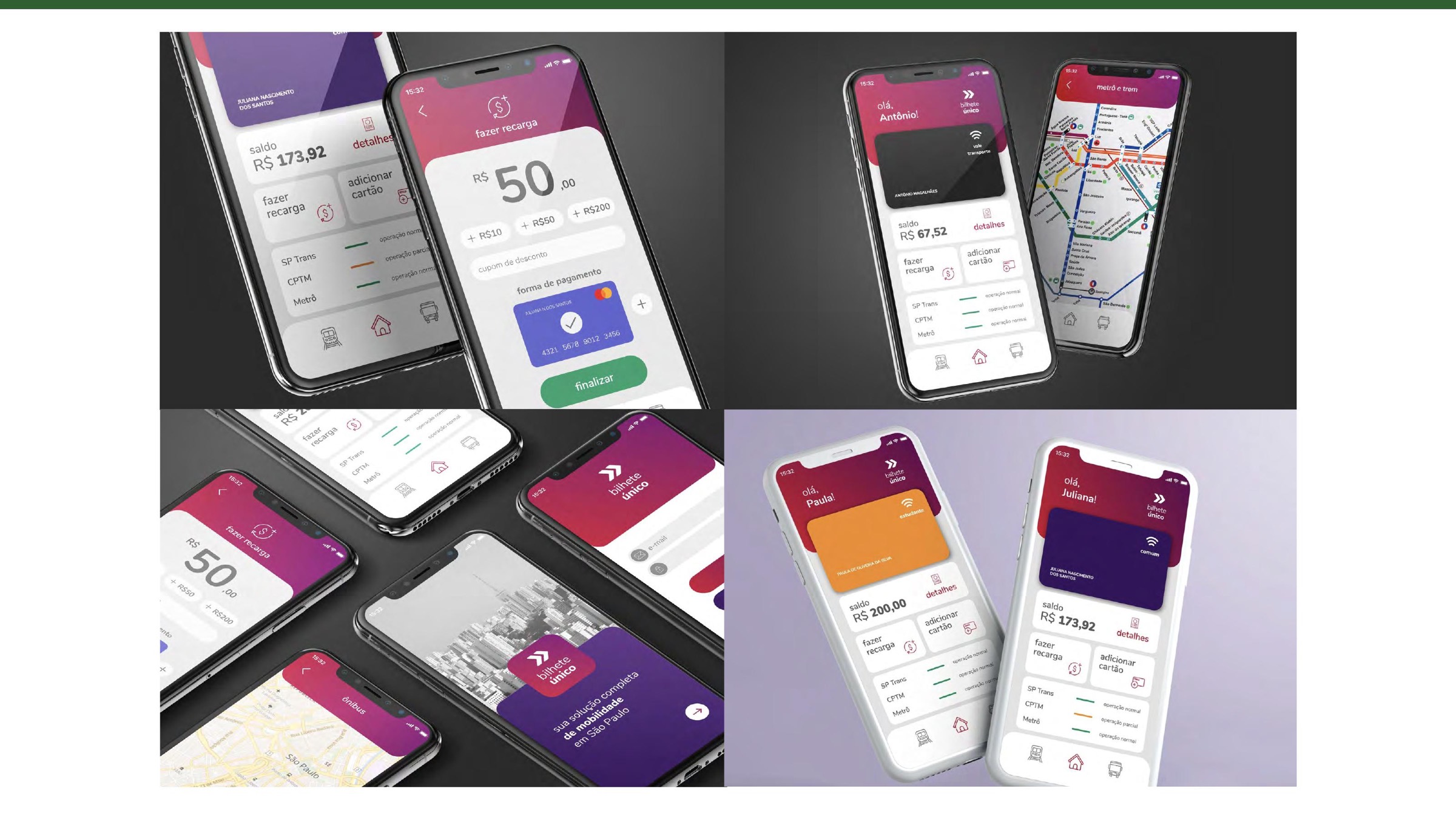SPTrans Bilhete Único app redesign interface and mobile mockups